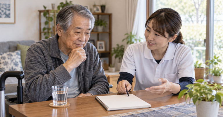 脳卒中後の疲労を考慮しながら自宅で活動予定を専門職と相談する人