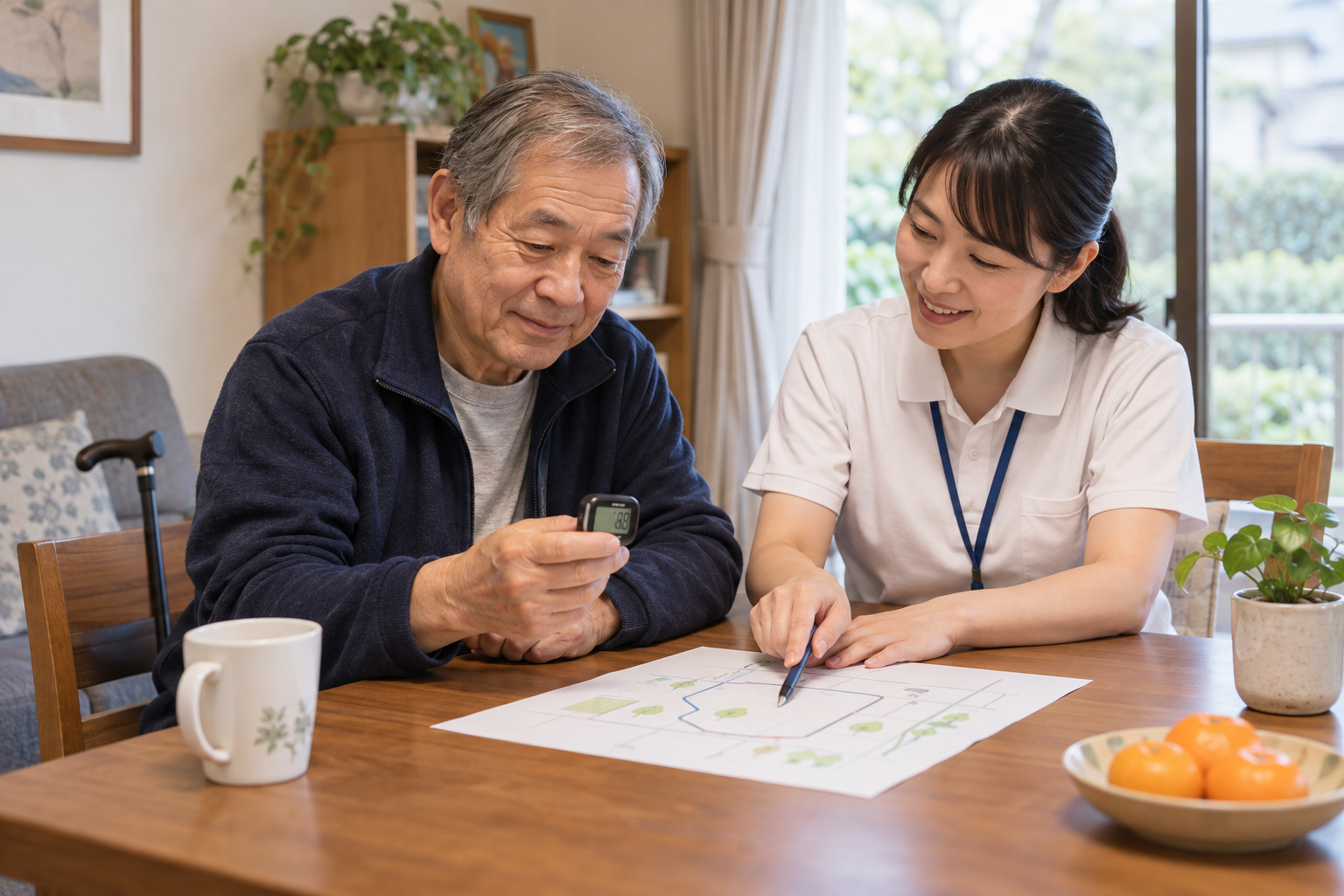 活動量計を見ながら自宅周辺の歩行計画を専門職と相談する高齢者
