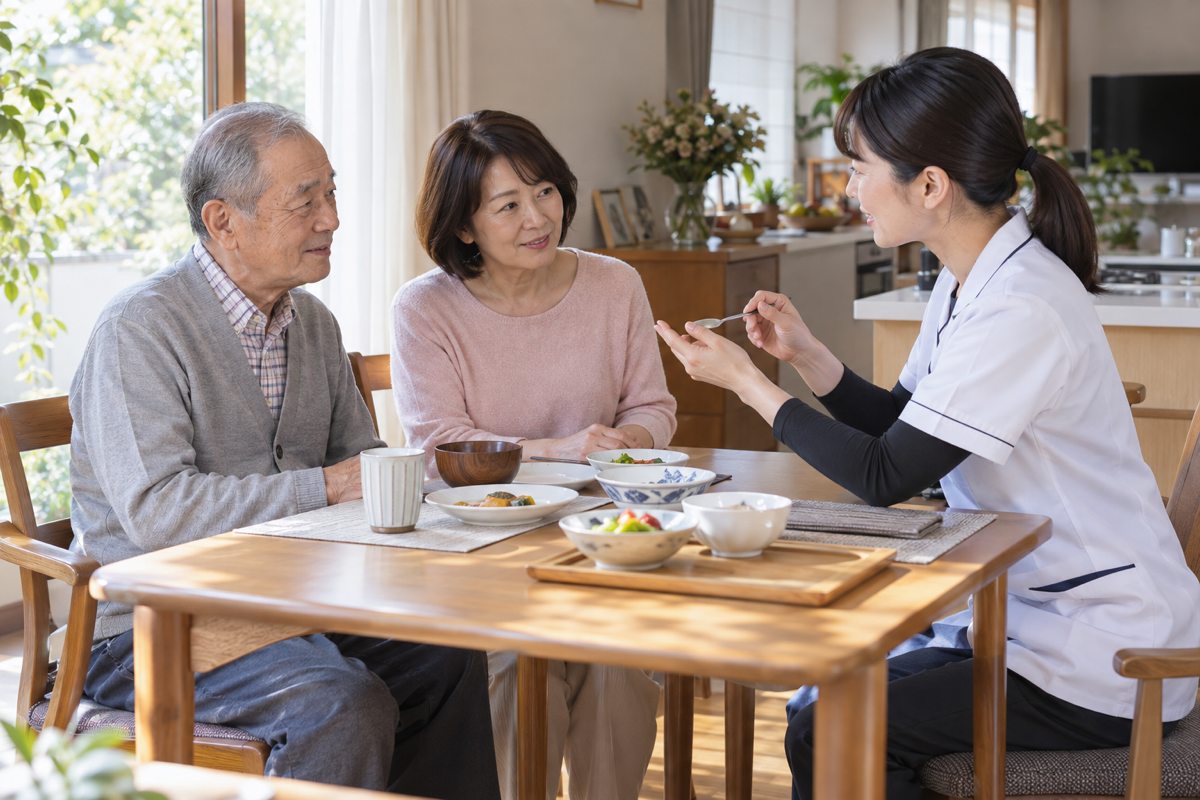 脳卒中後の食事姿勢と休憩の取り方を家族と専門職が相談する場面