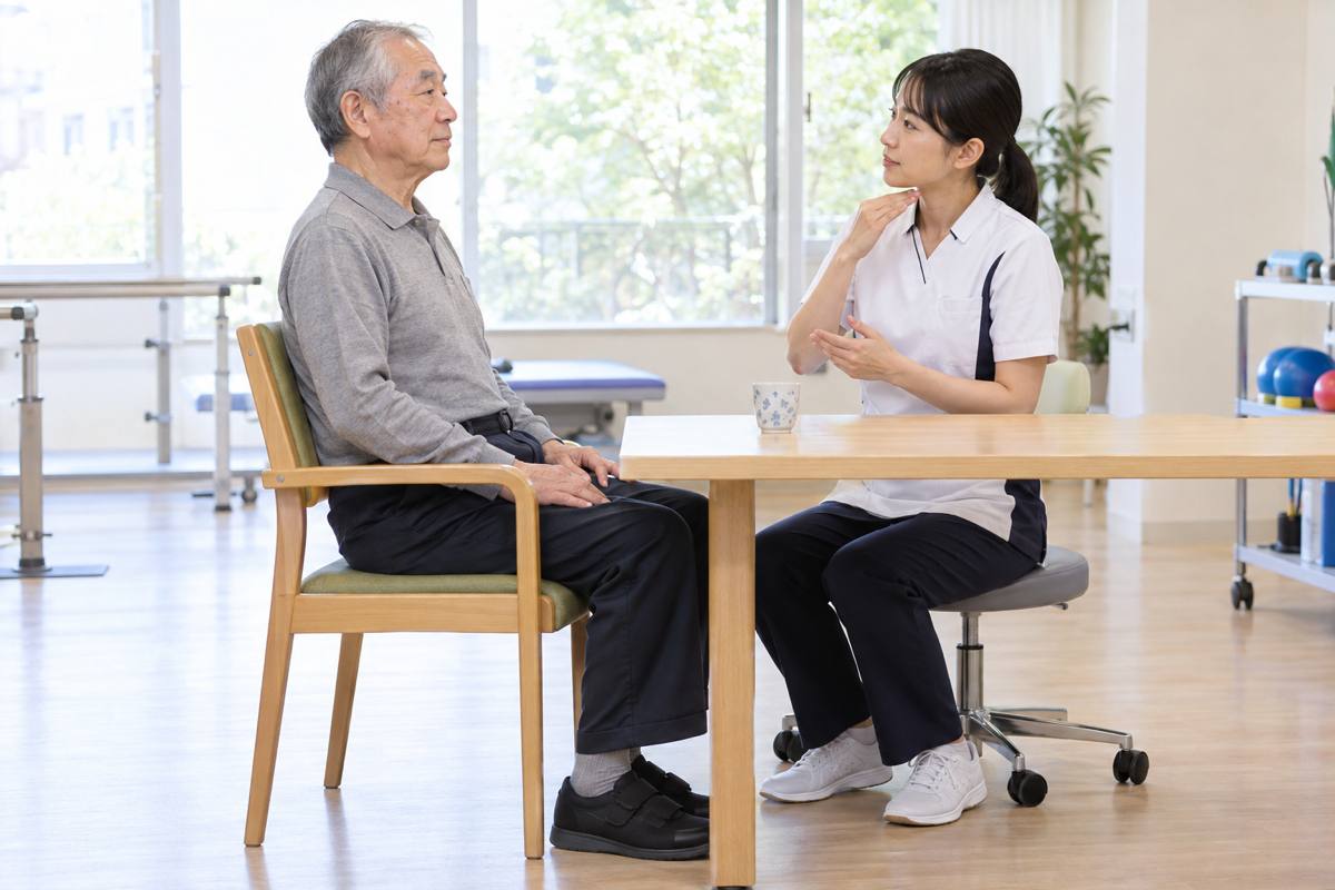 言語聴覚士が安全な姿勢で嚥下状態を確認する場面