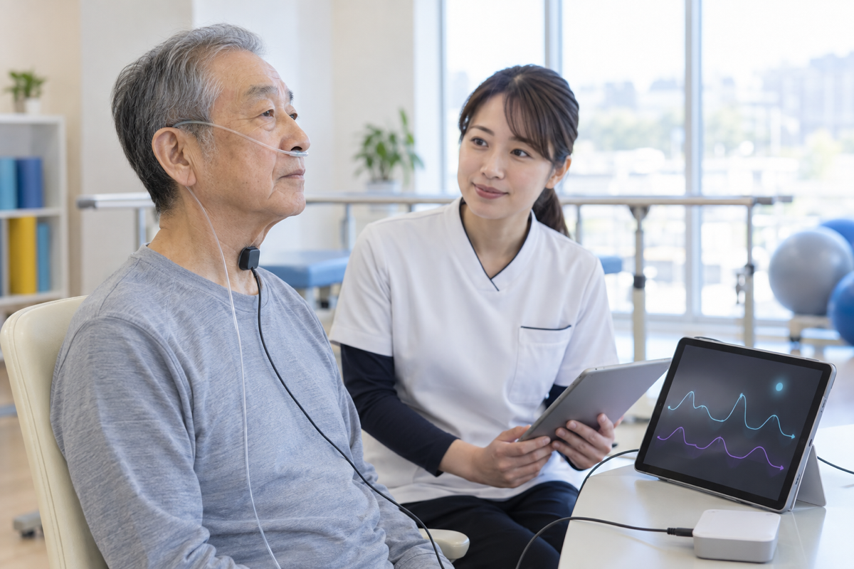 呼吸センサーを用いて呼吸と嚥下のタイミングを練習する脳卒中経験者