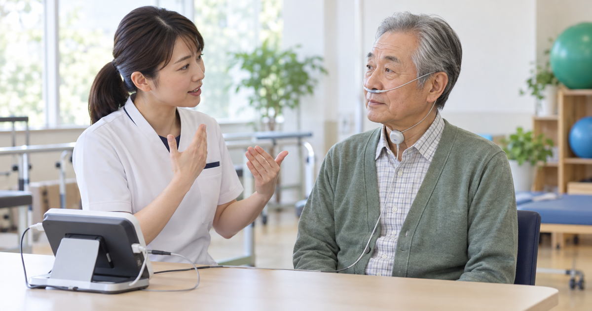 脳卒中後の嚥下障害について専門職と呼吸と飲み込みの練習を確認する人
