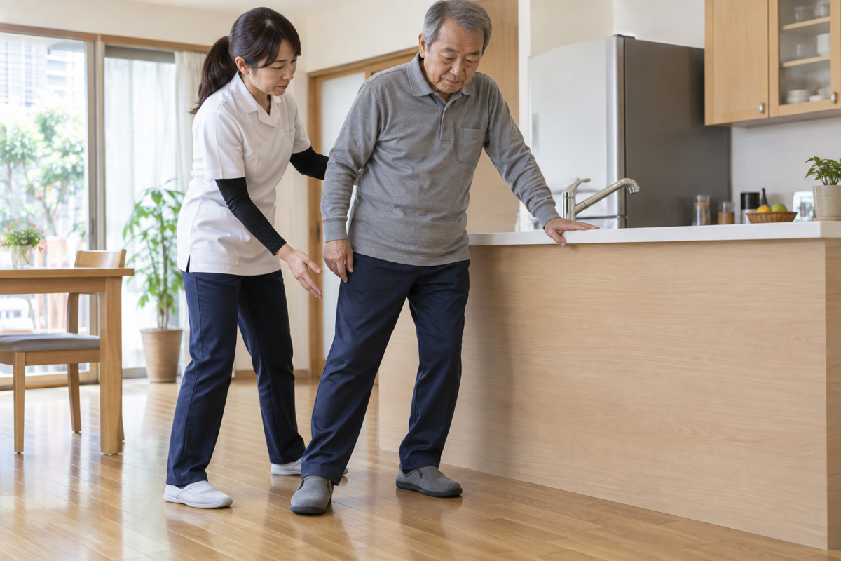 脳卒中後の男性が自宅のカウンターにつかまり作業療法士と重心移動を練習する場面