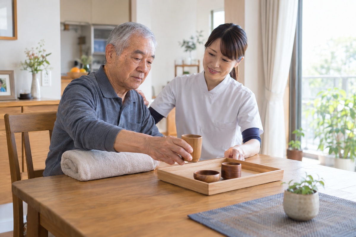 肩の痛みに配慮しながら机上の日常課題を練習する脳卒中経験者