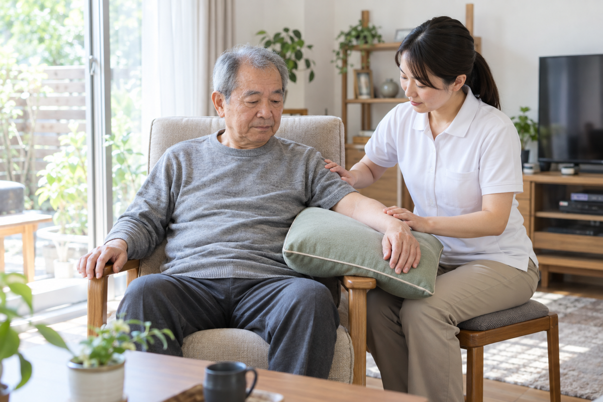 脳卒中後の麻痺した腕をクッションで支えて安全な姿勢を確認する場面