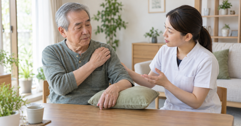 脳卒中後の肩の痛みについて作業療法士と相談する人