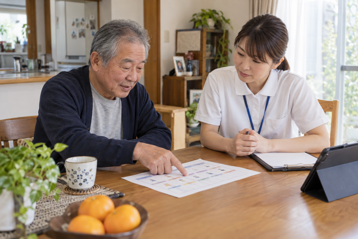 脳卒中後の男性が作業療法士と自宅で1週間の運動計画を確認する場面