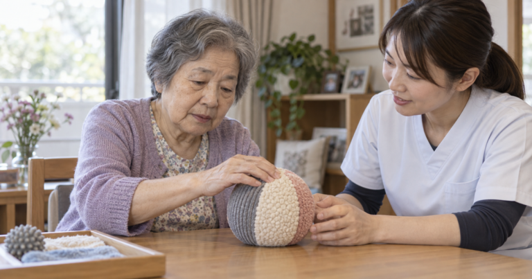 脳卒中後の女性が作業療法士と布の触感を確かめている