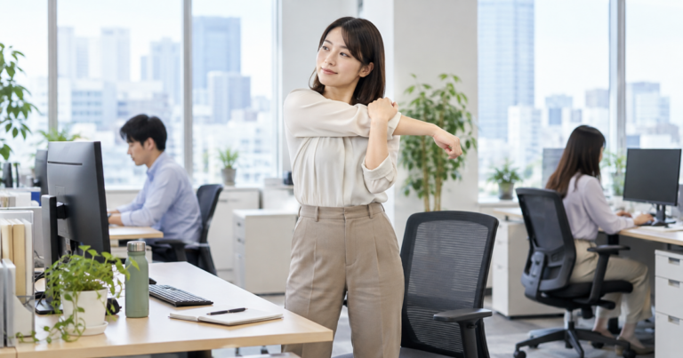 デスクワーカーが仕事の合間に肩を動かす短い運動休憩の様子