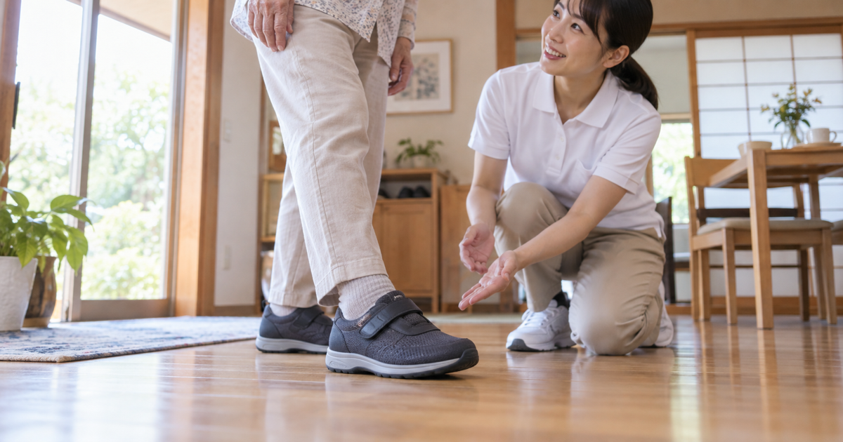 自宅でかかとの痛みと靴の選び方について専門職に相談する高齢者