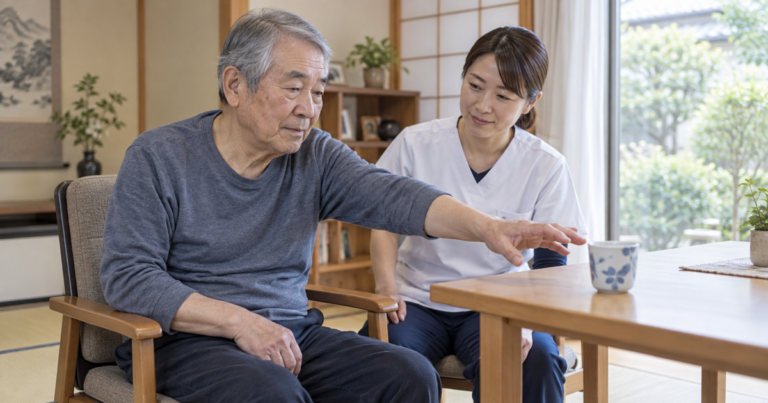 脳卒中後の高齢者が安定した椅子で座り専門職の見守りで手を伸ばす様子