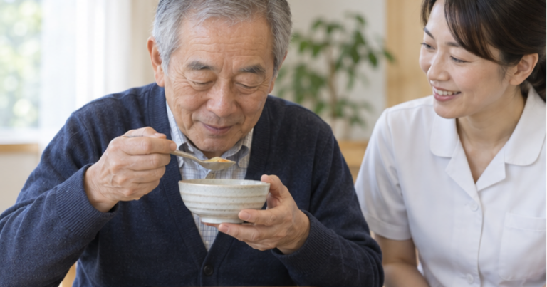 本態性振戦がある高齢男性が作業療法士の見守りで食事をする