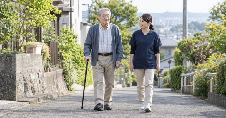 脳卒中後の高齢者が作業療法士の見守りで地域を歩く様子