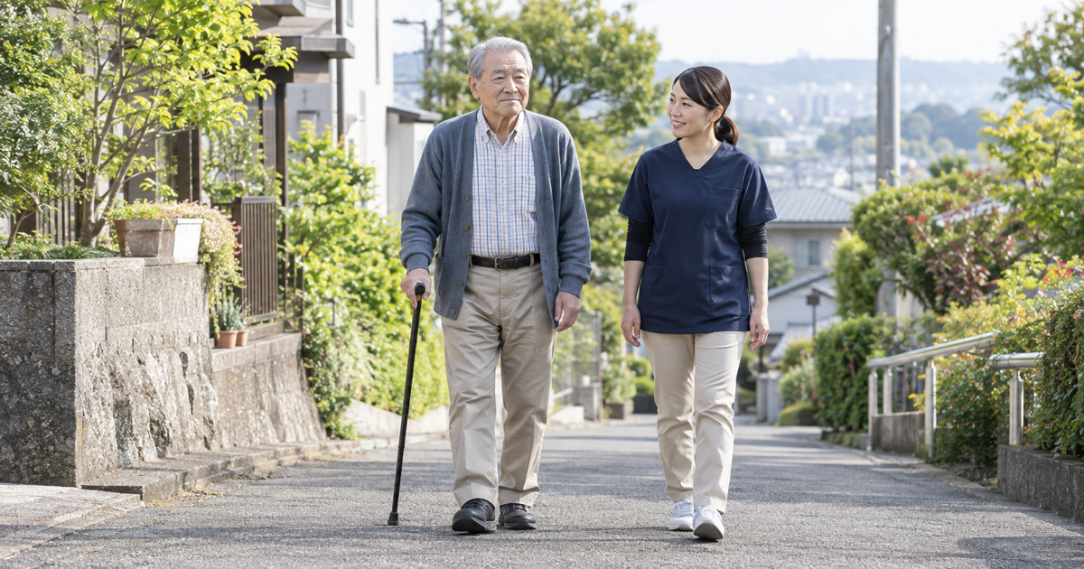 脳卒中後の高齢者が作業療法士の見守りで地域を歩く様子
