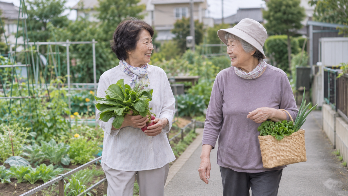 地域の菜園で収穫した野菜を分け合う高齢の女性二人と、安全な歩道