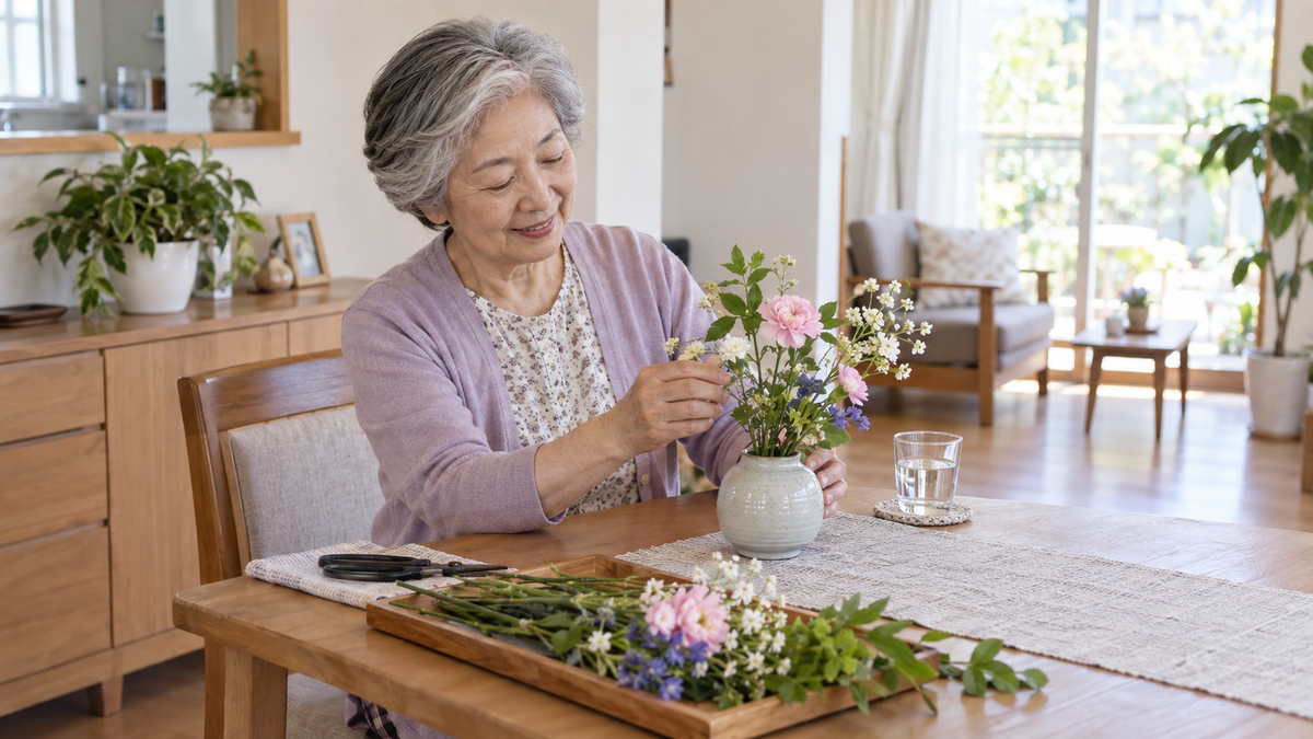 安定した椅子に座り、手の届く範囲で花を生ける高齢者と片付いた室内