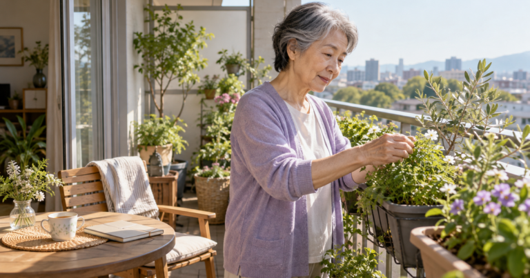 自宅のベランダで鉢植えを手入れする高齢の女性と、そばに置かれたノート