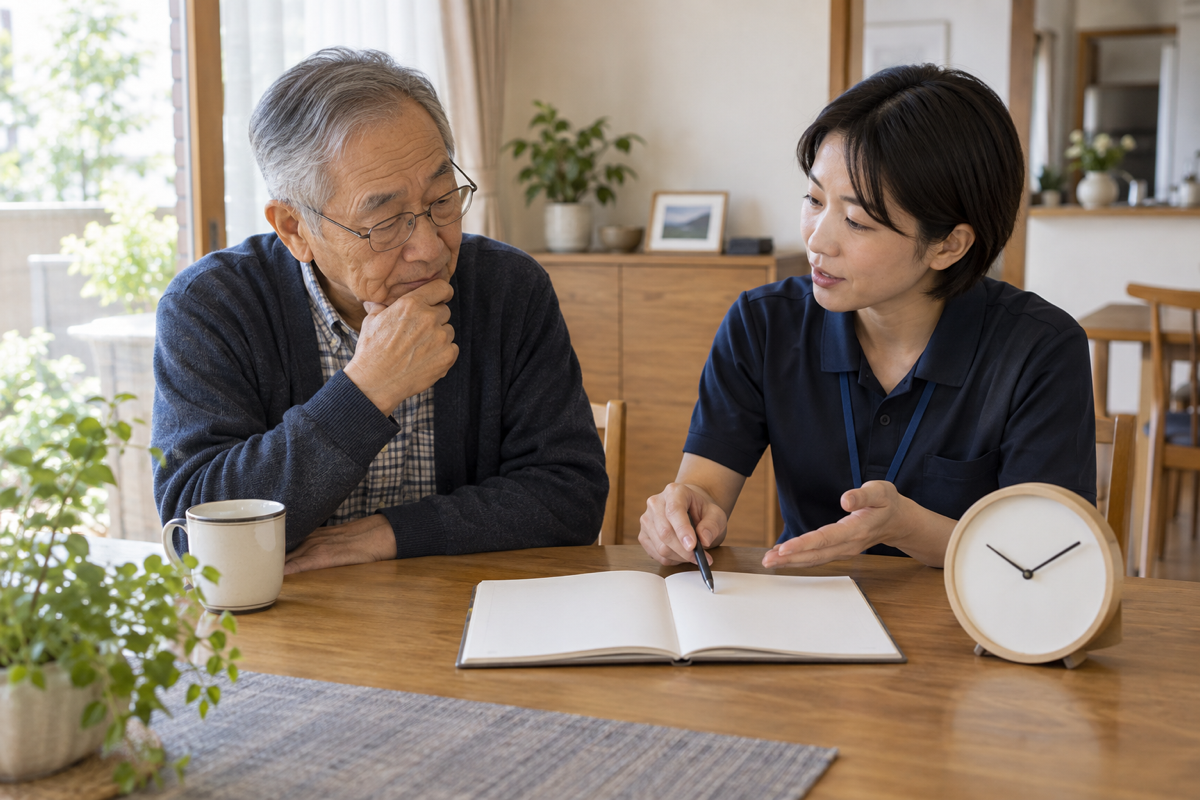 排尿の時間や飲水を記録する方法を、自宅で高齢者と支援者が相談するイメージ