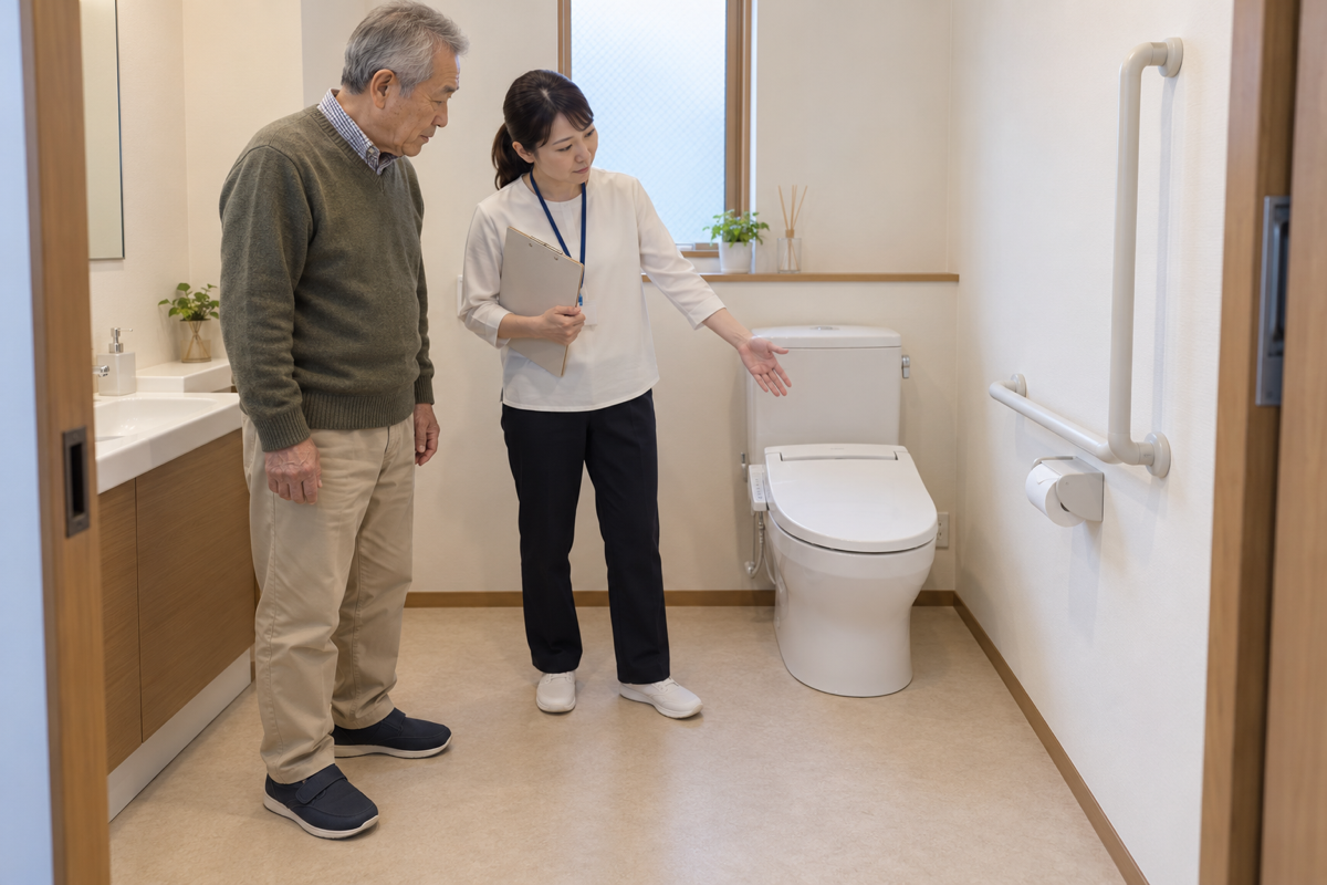 手すりのあるトイレの配置を高齢者と作業療法士が確認するイメージ