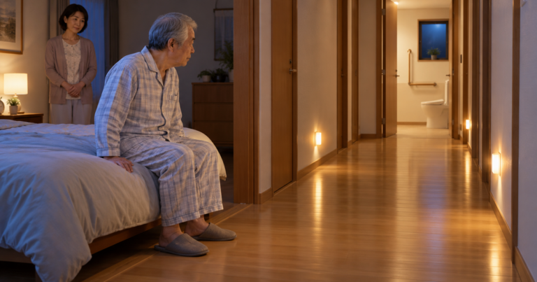 夜の寝室でベッド端に座る高齢者と、照明で示されたトイレへの通路を見守る家族のイメージ