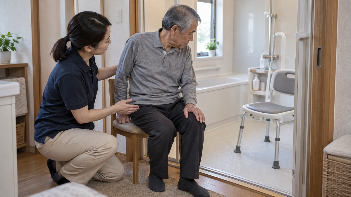 衣服を着たまま浴室入口で椅子からの移動手順を作業療法士と確認する場面