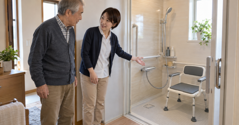 脳卒中後の入浴を想定し、浴室の手すりとシャワー椅子の配置を作業療法士と確認する場面