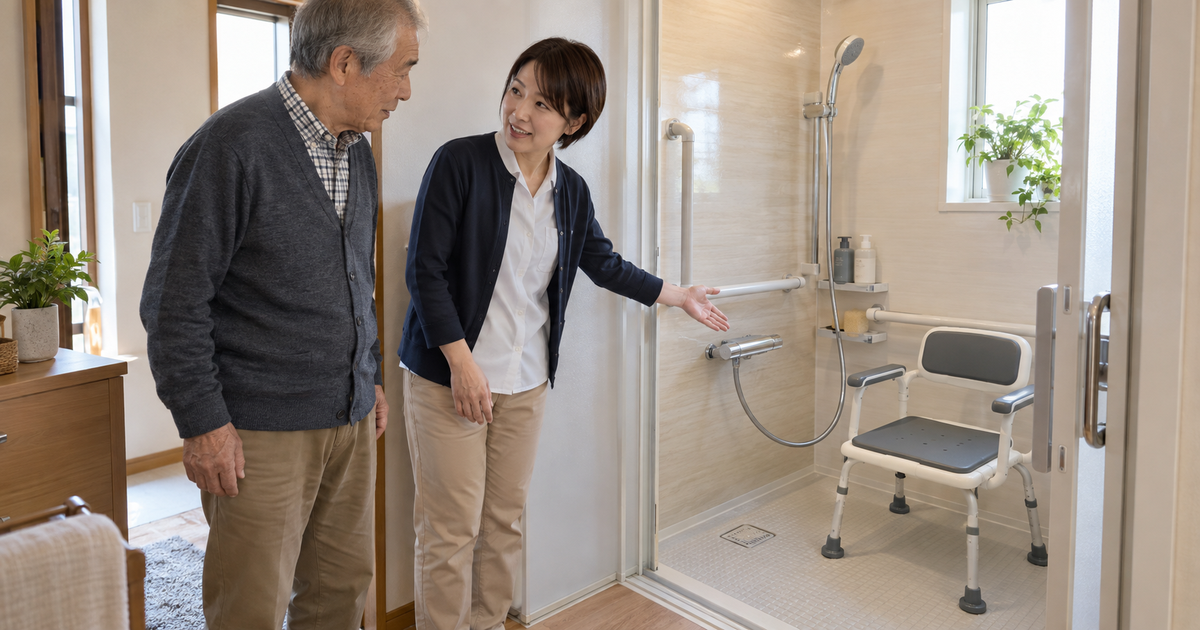 脳卒中後の入浴を想定し、浴室の手すりとシャワー椅子の配置を作業療法士と確認する場面