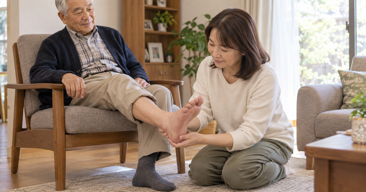 椅子に座った高齢男性の足の皮膚を家族が目で確認する場面
