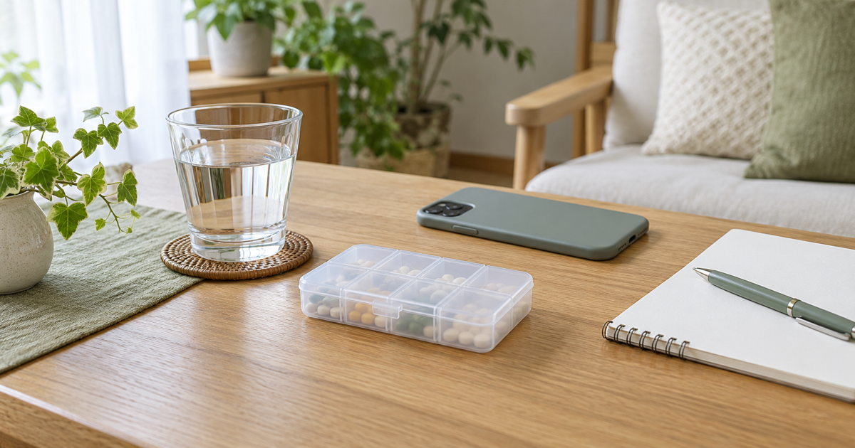 手の届くテーブルに整理された薬箱、スマートフォン、水、記録用ノート