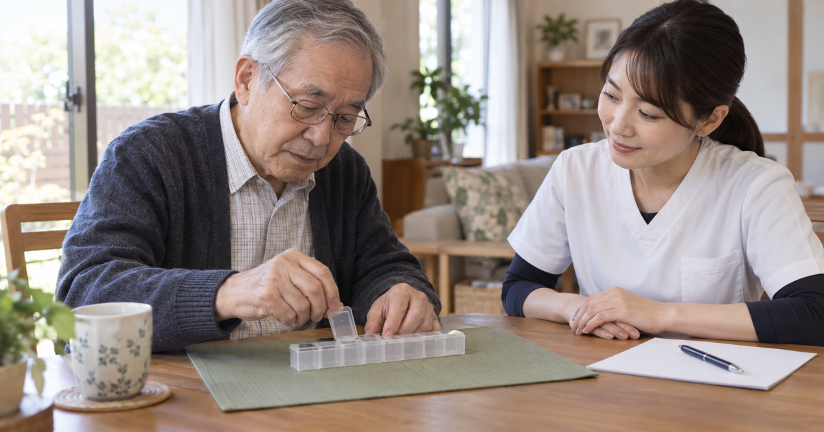 座った姿勢で空の薬箱のふたを開ける動作を専門職と確かめる高齢男性