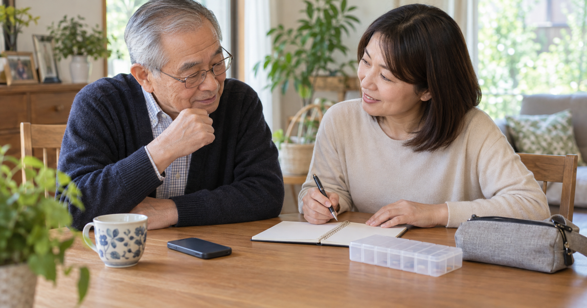 高齢男性と家族が薬箱と外出用ポーチを前に服薬支援の役割を相談する場面