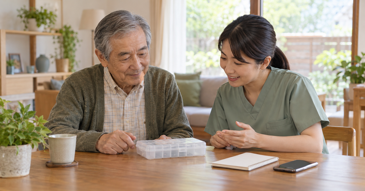 自宅のテーブルで薬箱と記録用ノートを前に服薬の手順を専門職と相談する高齢男性