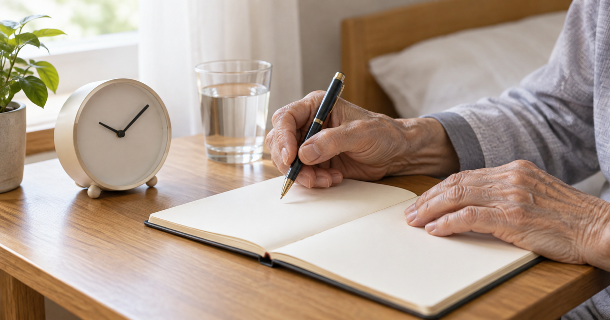朝の光が入る机で睡眠記録用のノートにペンを向ける高齢者の手元