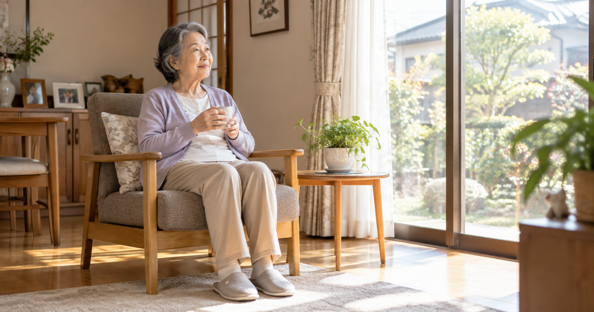 朝の光が入る自宅の窓辺で肘掛け椅子に座り穏やかに過ごす高齢の女性