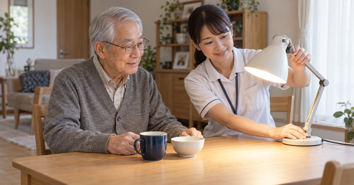食卓に座った高齢男性と専門職が、まぶしさに配慮して照明の向きを確認する場面