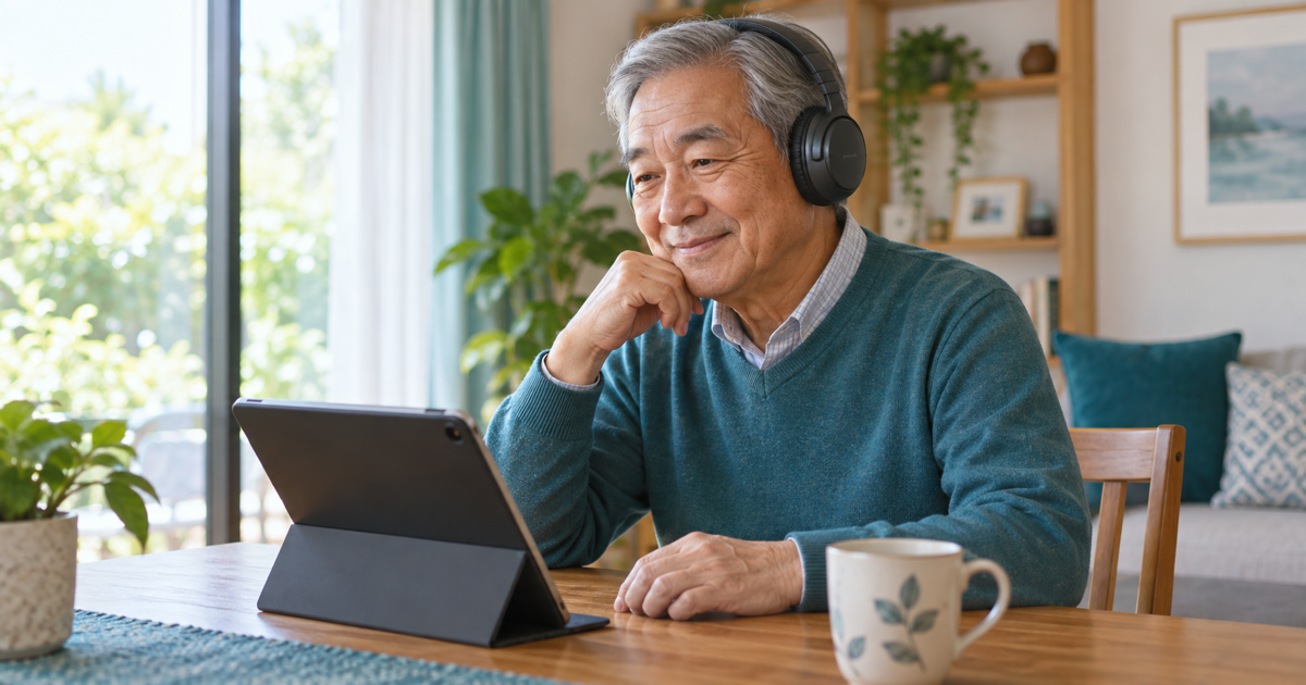 自宅の机でヘッドホンを着け、スタンドに固定したタブレットを見ている高齢の男性