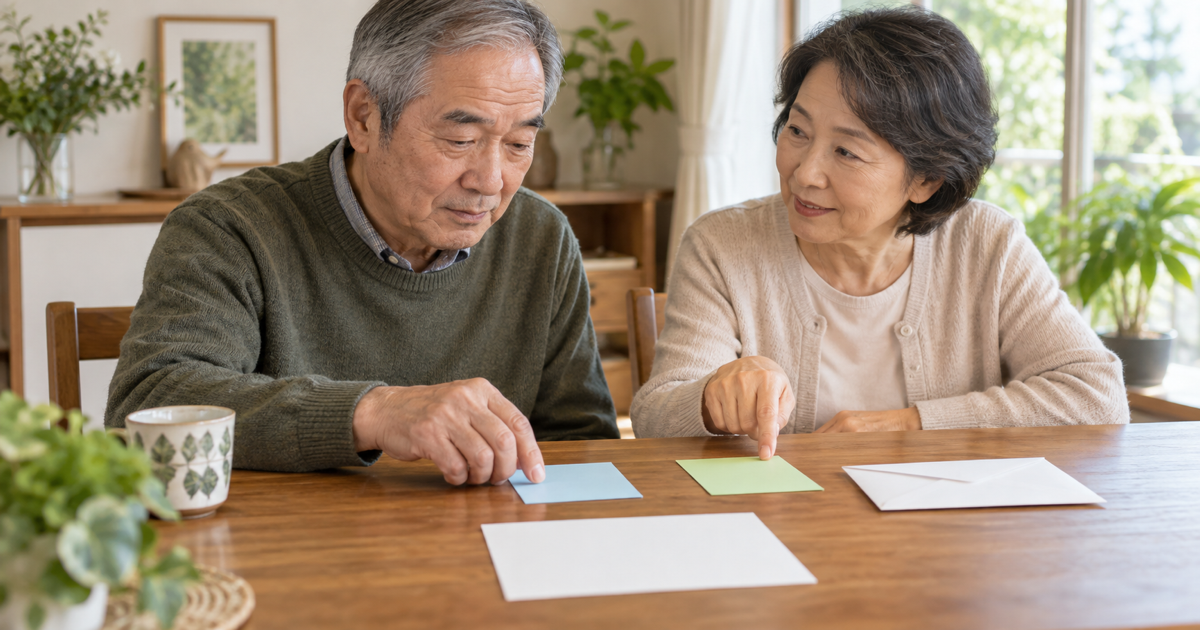 手紙の封筒をそばに置き、色の異なるカードを指しながら一緒に確認する高齢の夫婦