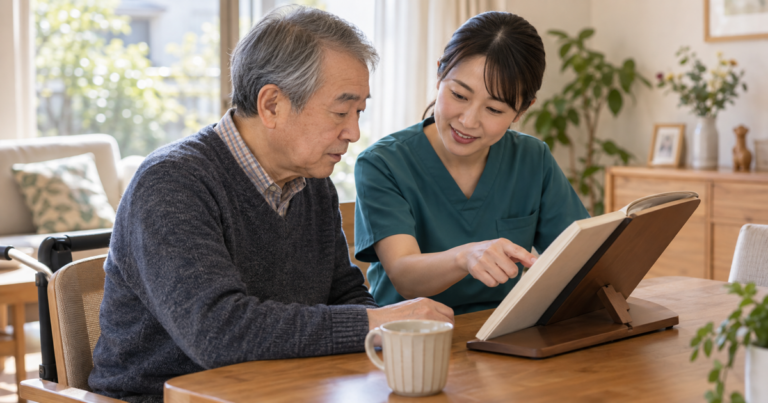 自宅のテーブルで書見台の本を見ながらリハビリ専門職と相談する高齢の男性