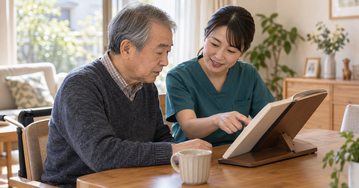 自宅のテーブルで書見台の本を見ながらリハビリ専門職と相談する高齢の男性