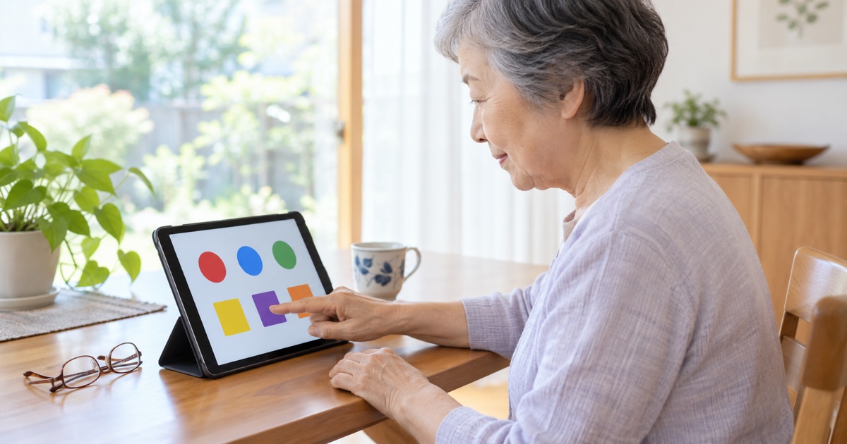 高齢者が図形の位置を覚える課題をタブレットで試す手元