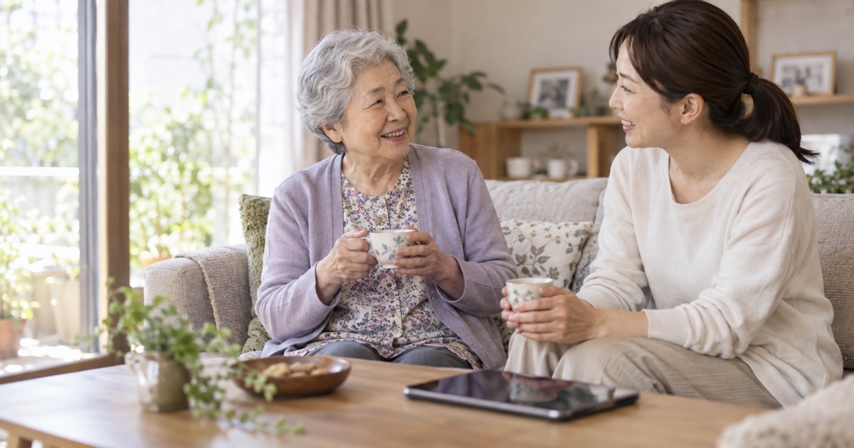 タブレットを脇に置き高齢女性と家族がお茶を飲みながら休憩する場面