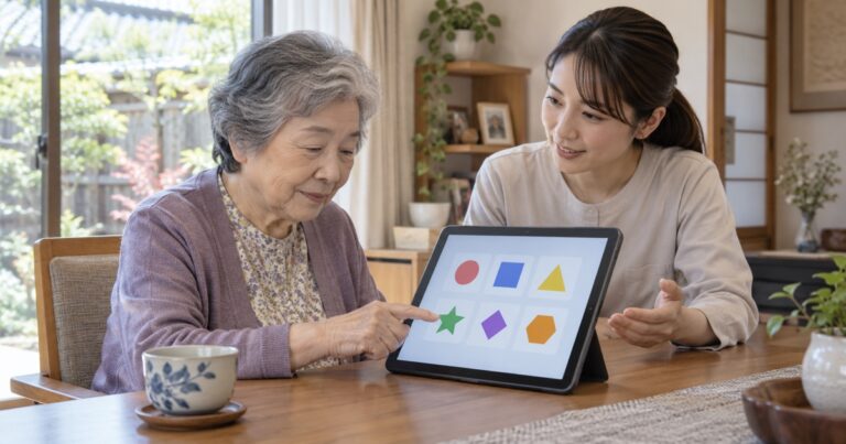 高齢女性が作業療法士とテーブルに座りタブレットの使い方を確認する場面