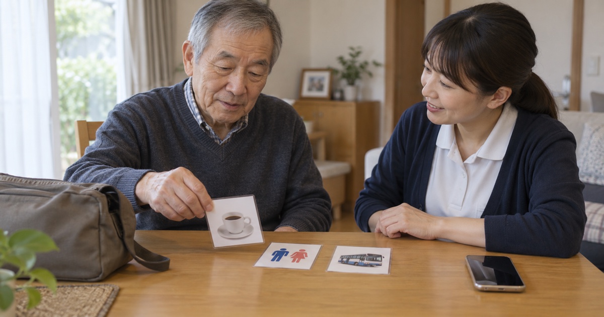 作業療法士役の専門職と本人が自宅のテーブルで外出用の写真カード、バッグ、携帯電話を確認する場面