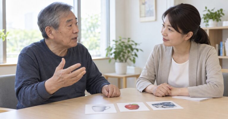 高齢男性と言語聴覚士役の専門職が絵カードを机に置いて向かい合い、言葉の練習について相談する場面