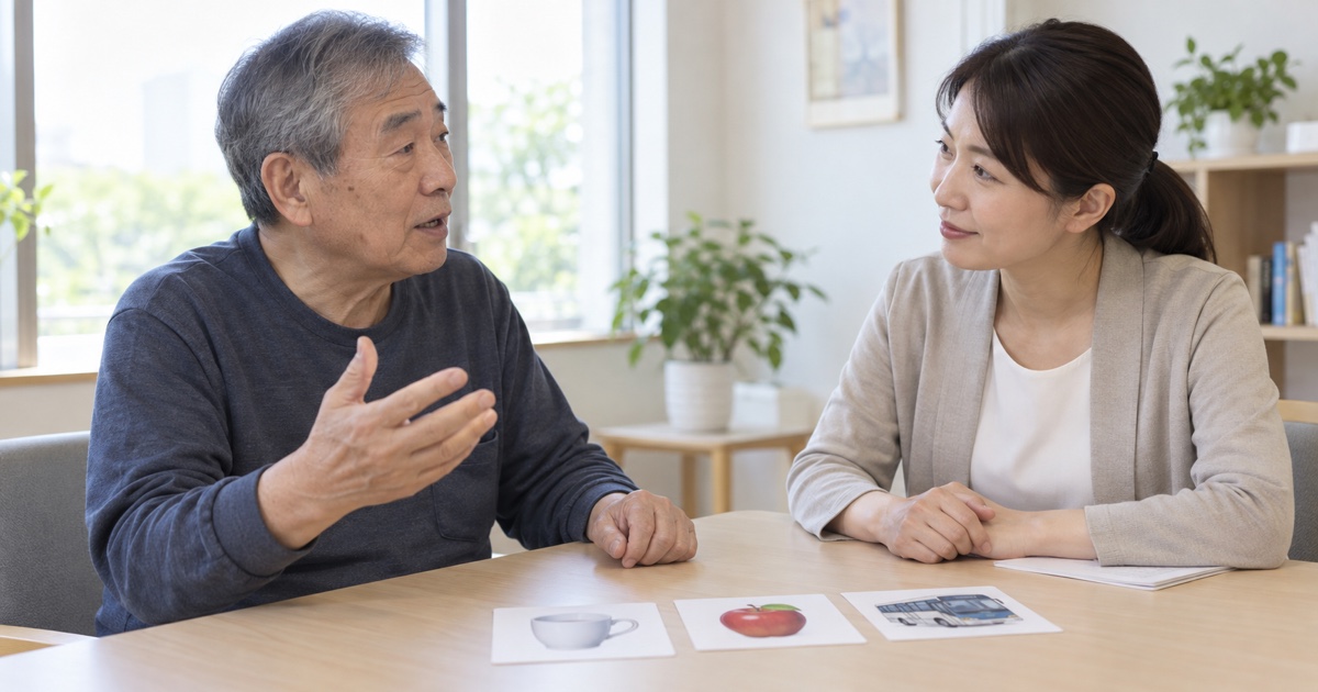 高齢男性と言語聴覚士役の専門職が絵カードを机に置いて向かい合い、言葉の練習について相談する場面