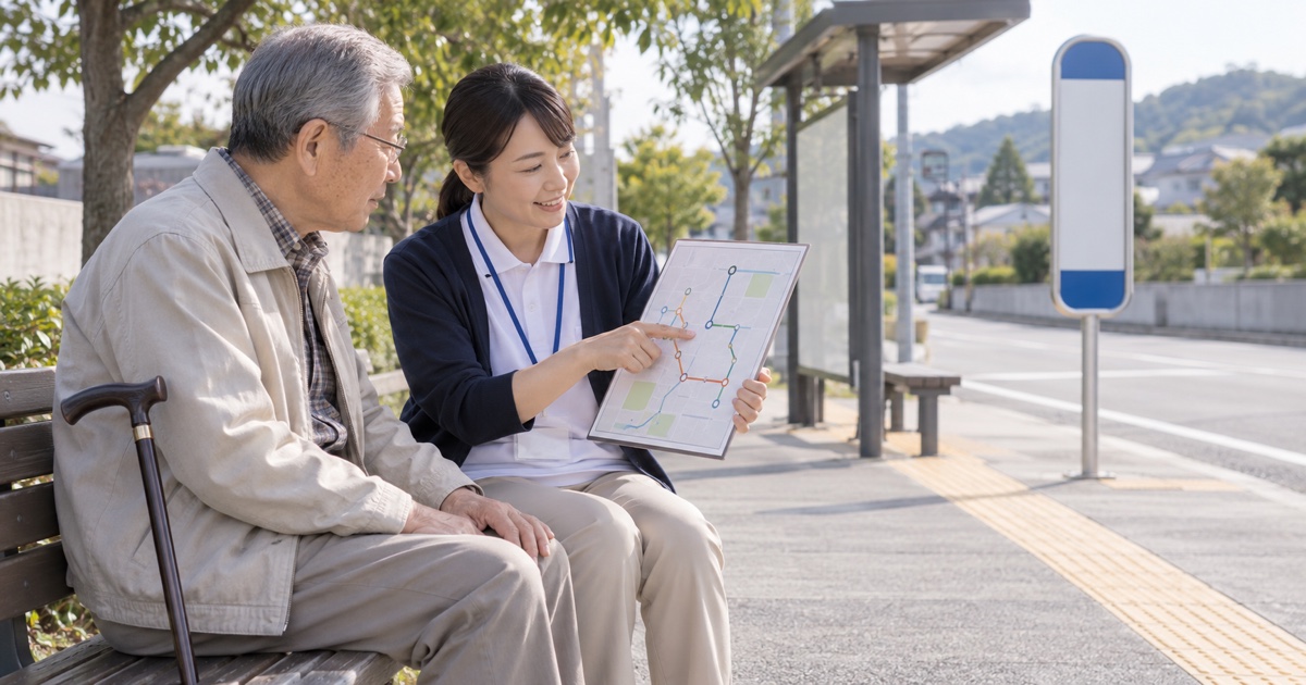 空いているバス停のベンチで、高齢男性とリハビリ専門職が文字のない路線図を見て移動について相談している