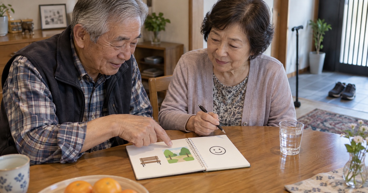 自宅の食卓で、高齢の夫婦が公園やベンチ、笑顔の絵を描いたノートを見ながら外出を振り返っている