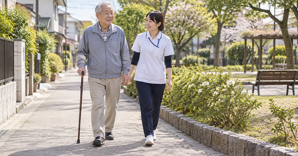 住宅街の平らで広い歩道を、杖を持つ高齢男性と隣のリハビリ専門職が一緒に歩いている