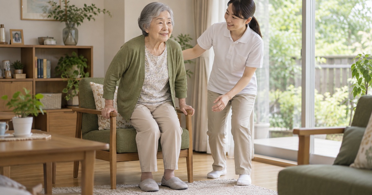 肘掛けのある椅子から立つ動作を高齢女性と支援者が確認する生成イメージ