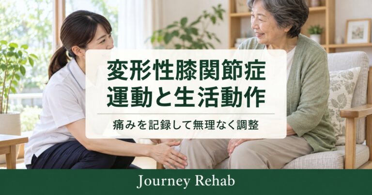 変形性膝関節症の運動と生活動作というタイトルと、椅子に座る高齢女性と支援者の生成イメージ